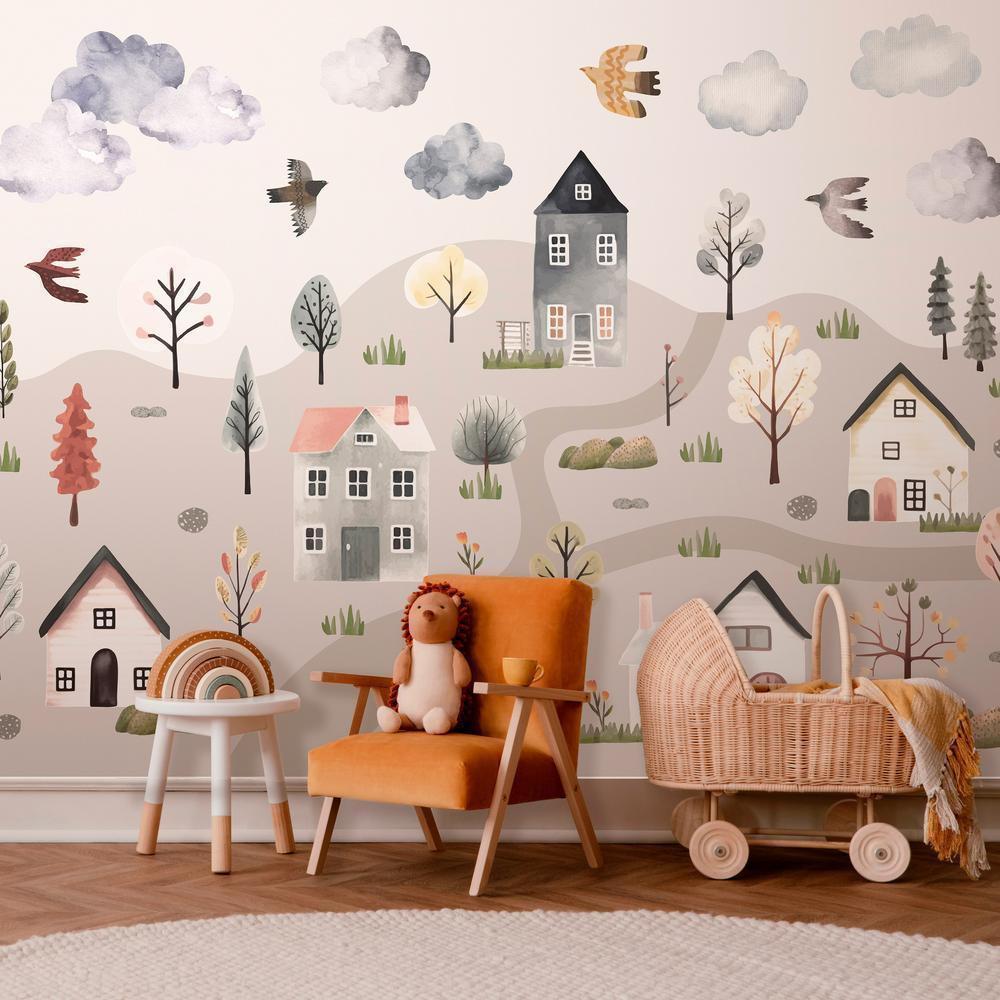 Wall Mural - Scandinavian Valley - Village in Pastel Colours Painted in Watercolours-Wall Murals-ArtfulPrivacy