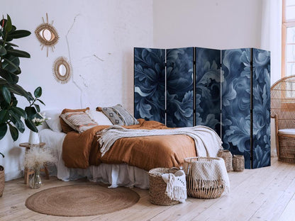 Room Divider - Abstract Ornaments - Dark Blue Victorian Leaves- A 5 Panel Folding Screen For Living rooms, bedrooms or home office, decorative folding screen made with wood and canvas