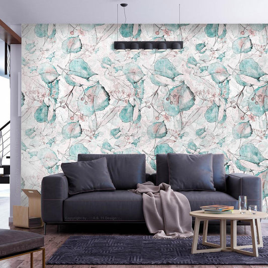 Wall Mural - Autumn souvenirs - floral pattern with turquoise leaves-Wall Murals-ArtfulPrivacy