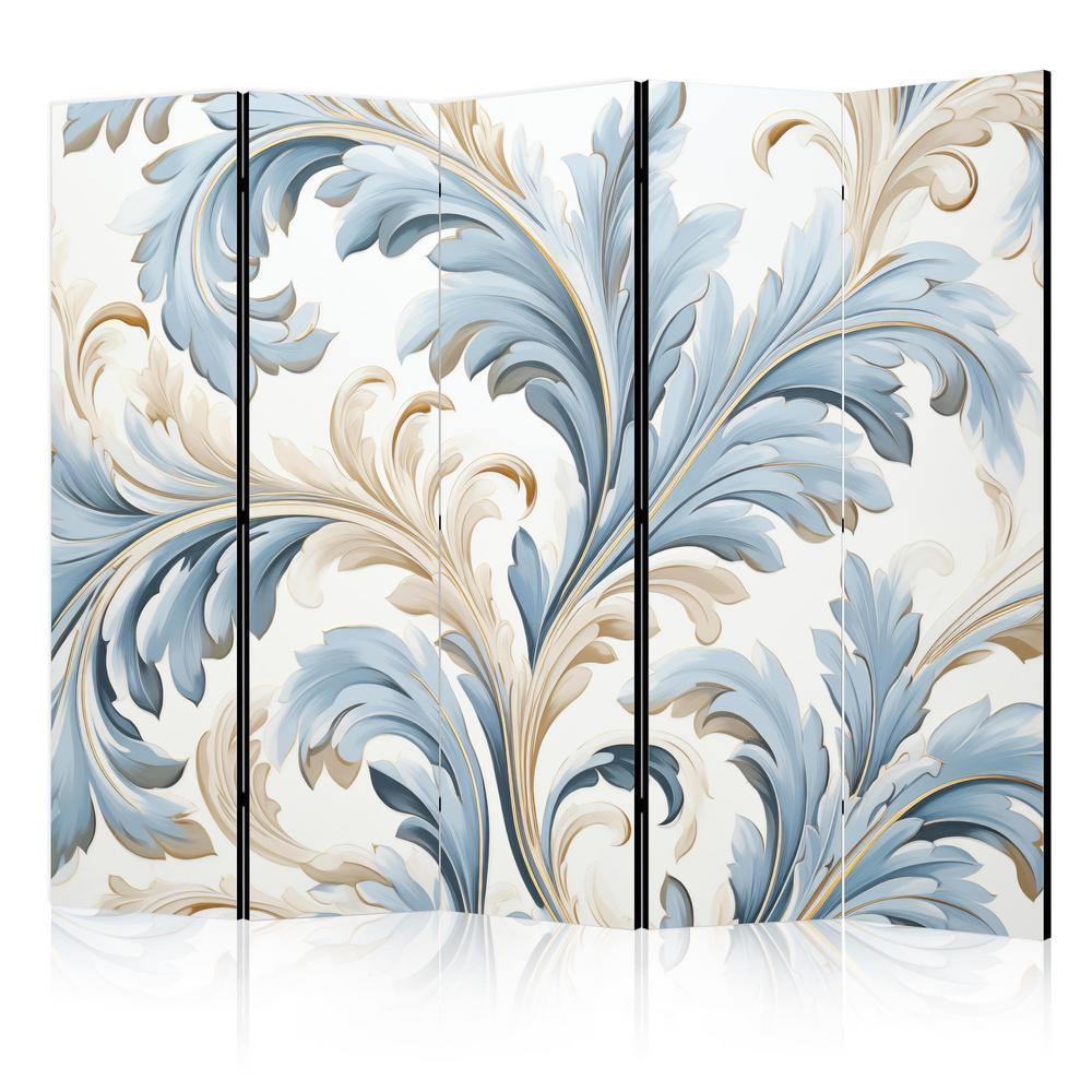 Room Divider - Baroque Ornaments in Light Creamy Blue Colors- A 5 Panel Folding Screen For Living rooms, bedrooms or home office, decorative folding screen made with wood and canvas