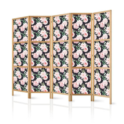 Japanese Room Divider - Peonies - Pink Flowers and Green Leaves on a Graphite Background