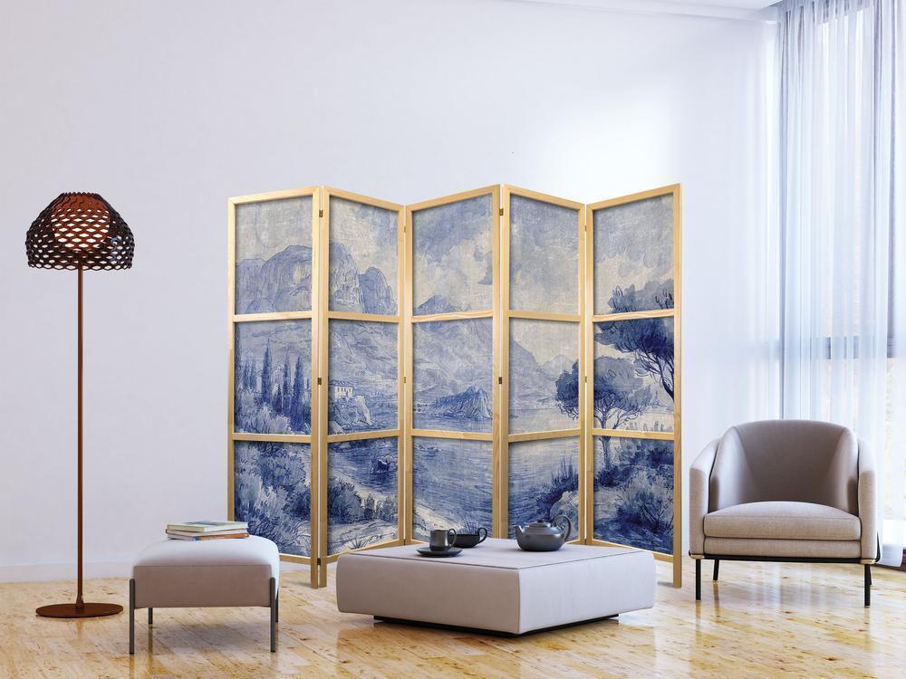 Japanese Room Divider - Italian Landscape - Lake Como Painted in Shades of Blue