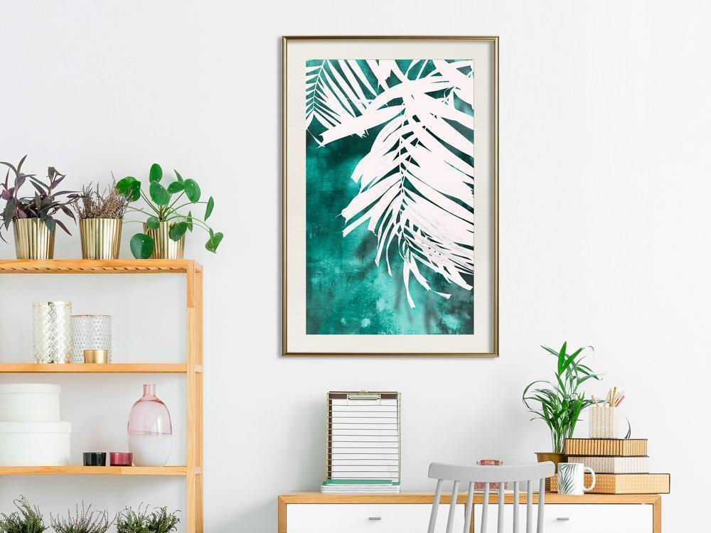 Botanical Wall Art - White Palm on Teal Background-artwork for wall with acrylic glass protection