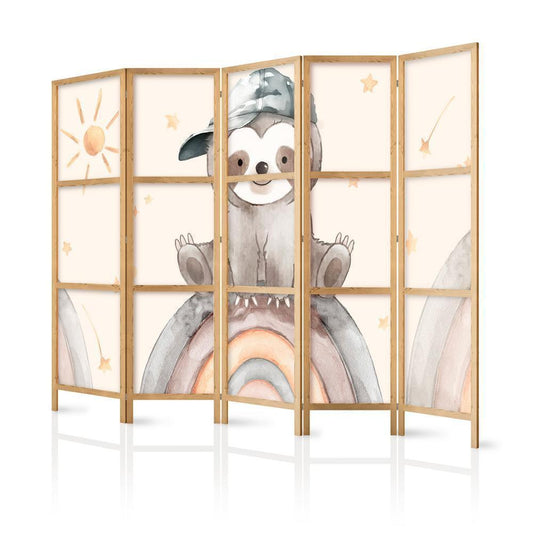 Japanese Room Divider - Happy Sloth - Sloth in muted colors - wearing a cap - sitting on a rainbow among the stars