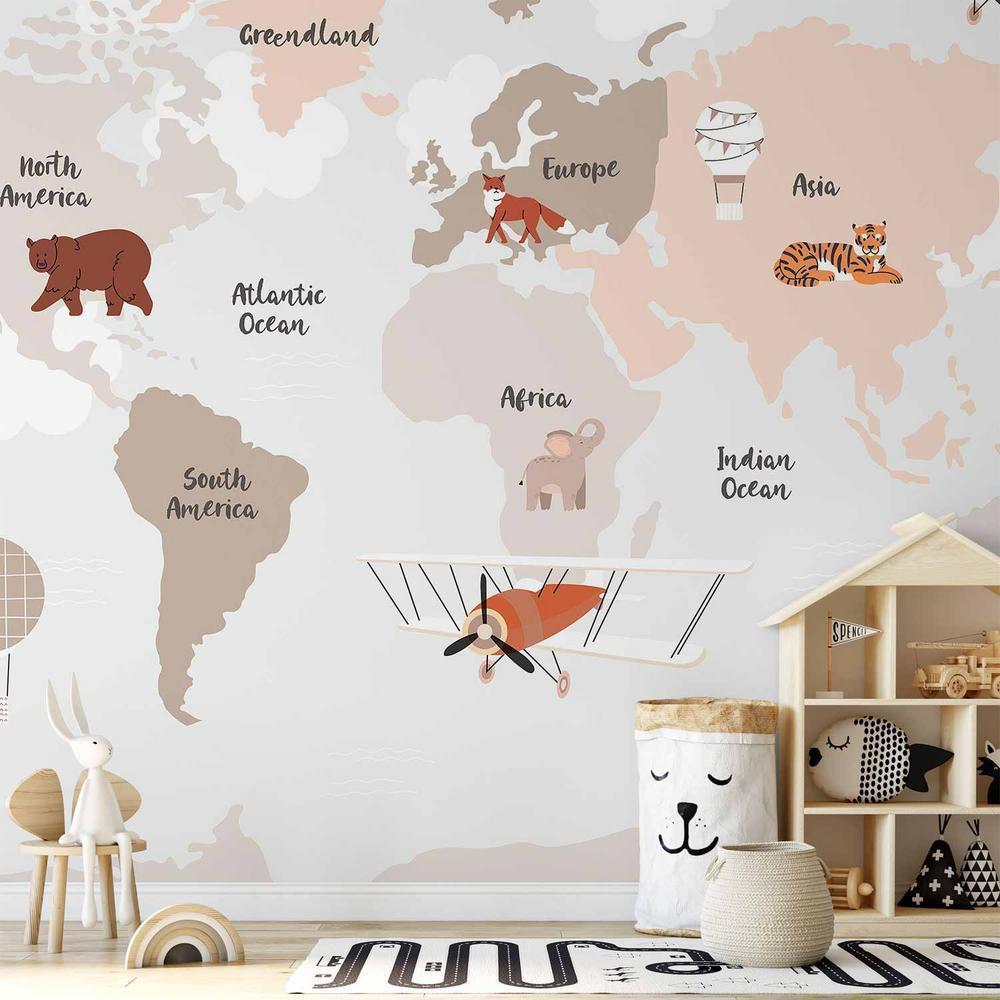 Wall Mural - Map in Shades of Beige - Continents With Animals