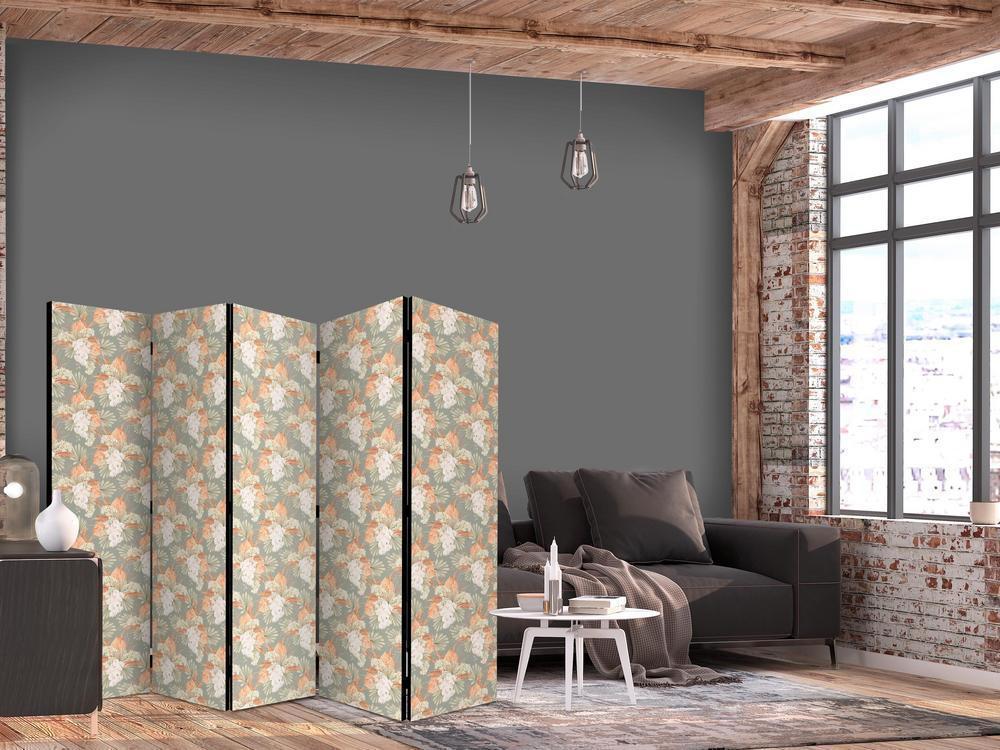 Room Divider - Little Bouquets - Exotic Flowers and Leaves on a Gray-Green Background- A 5 Panel Folding Screen For Living rooms, bedrooms or home office, decorative folding screen made with wood and canvas