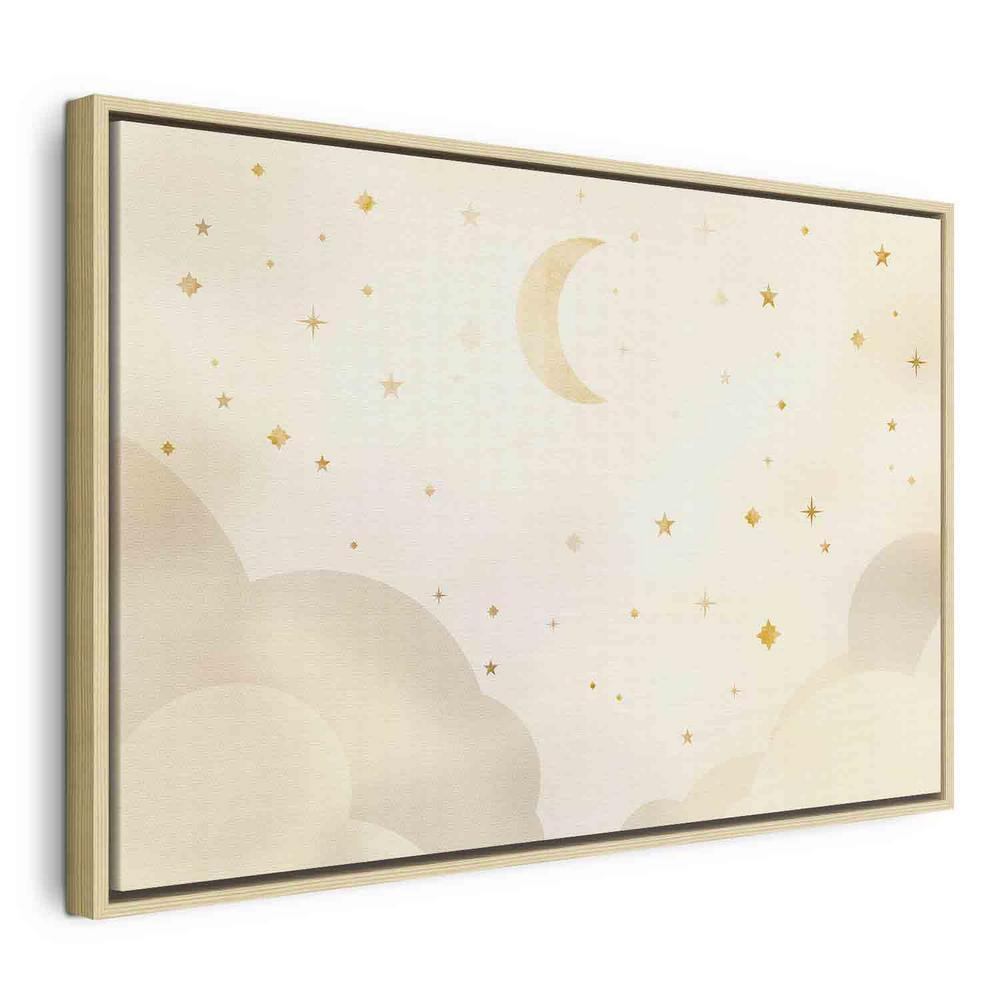 Canvas Print - Bright Night - Moon Accompanied by Many Stars on a Light Background