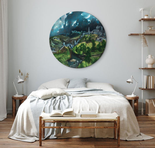 Circle shape wall decoration with printed design - Round Canvas Print - View of Toledo (El Greco) - ArtfulPrivacy