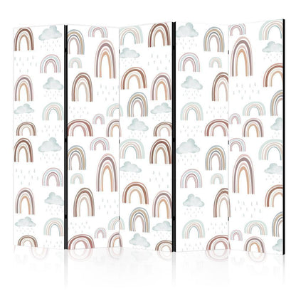 Room Divider - Rainbows and Clouds - Rainbows of Various Sizes in Muted Colors Among Rain Clouds in a Pale Blue Shade- A 5 Panel Folding Screen For Living rooms, bedrooms or home office, decorative folding screen made with wood and canvas