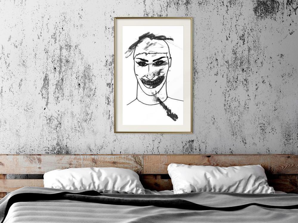 Black and White Framed Poster - Scary Clown-artwork for wall with acrylic glass protection