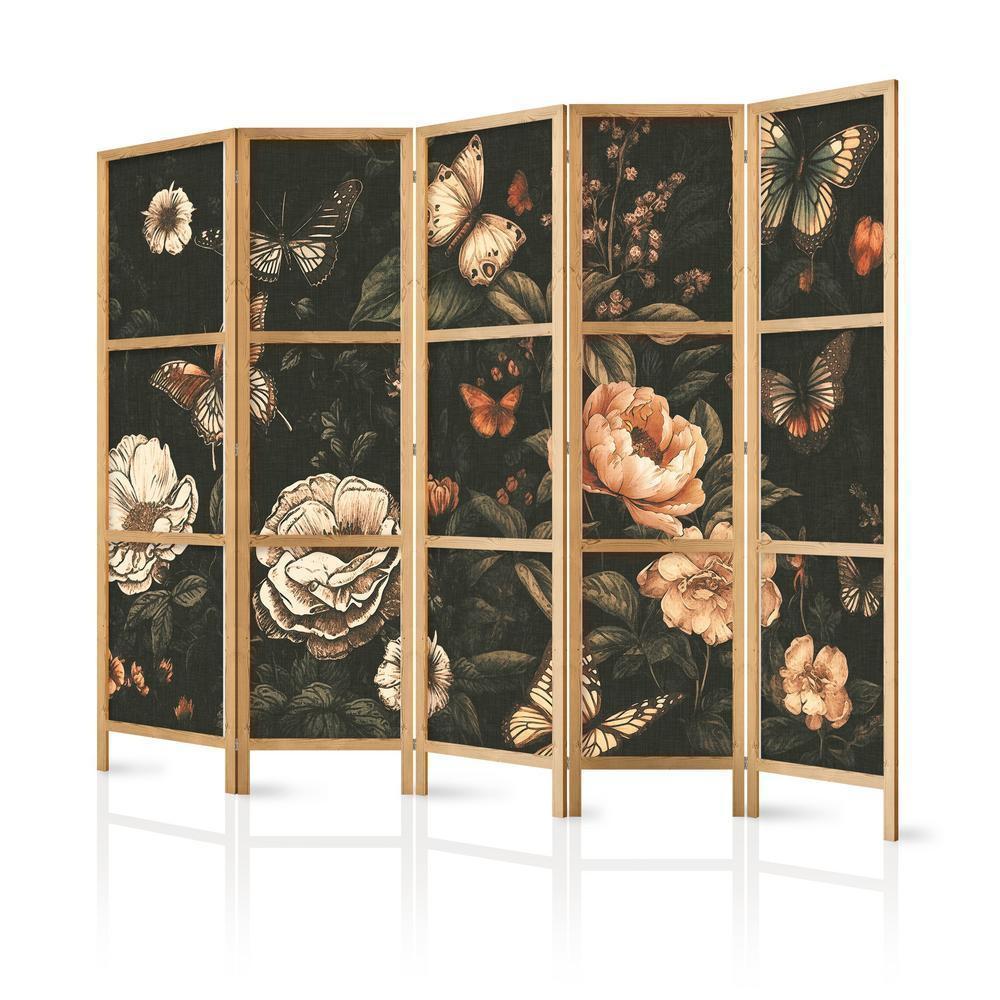 Japanese Room Divider - Mysterious Garden - Butterflies Flying Over Flowers - Rustic Evening