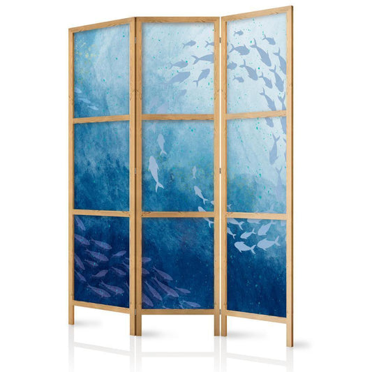 Japanese Room Divider - Schools of Fish - Luminous Clusters of Fish in Blue Among Ocean Depths