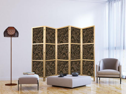 Japanese Room Divider - Dense Vegetation - Botanical Patterns in Illustrative Style Brown