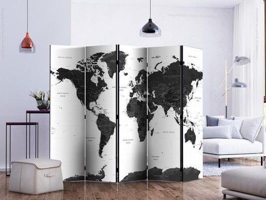 Decorative partition-Room Divider - Black and White Map II-Folding Screen Wall Panel by ArtfulPrivacy
