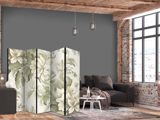 Room Divider - Retro Vintage Flowers in Delicate Cream and Green Colors- A 5 Panel Folding Screen For Living rooms, bedrooms or home office, decorative folding screen made with wood and canvas