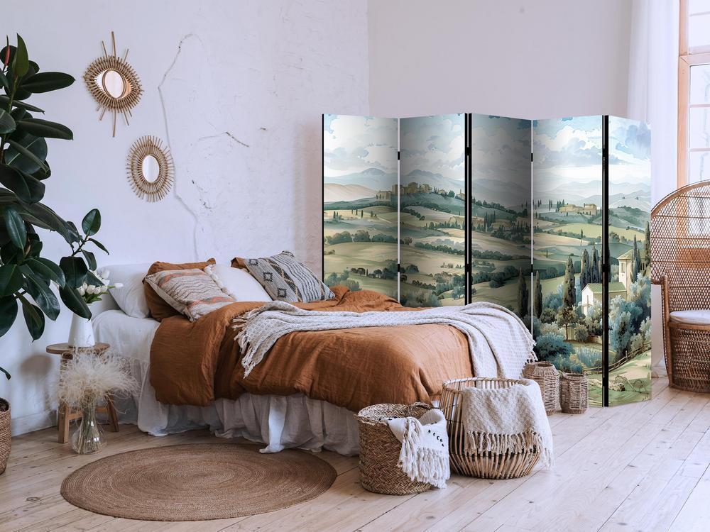 Room Divider - Landscape with Green Fields and Trees - Tuscan Sunny View- A 5 Panel Folding Screen For Living rooms, bedrooms or home office, decorative folding screen made with wood and canvas