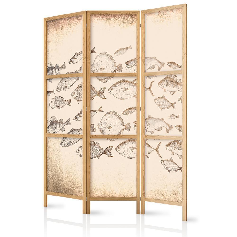 Japanese Room Divider - Sketch of a School of Fish - Sketches of Various Species of Fish Swimming in a School on a Beige Background in Vintage Style