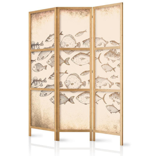 Japanese Room Divider - Sketch of a School of Fish - Sketches of Various Species of Fish Swimming in a School on a Beige Background in Vintage Style