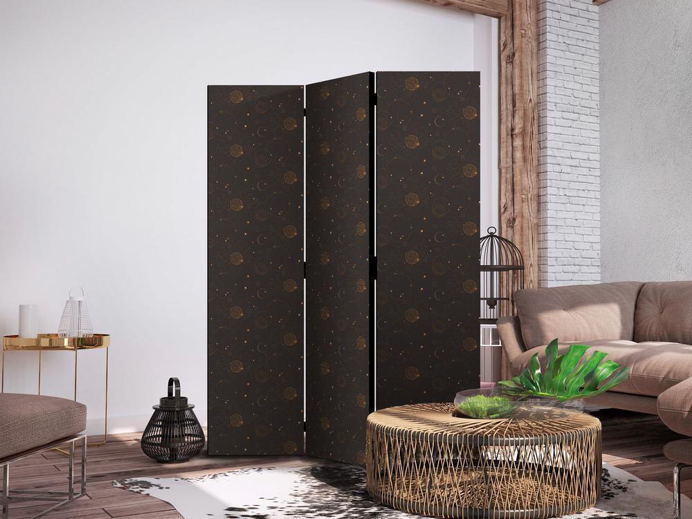 Room Divider - Night Sky - Artistic Composition of Suns and Planets on a Black Background- A 5 Panel Folding Screen For Living rooms, bedrooms or home office, decorative folding screen made with wood and canvas