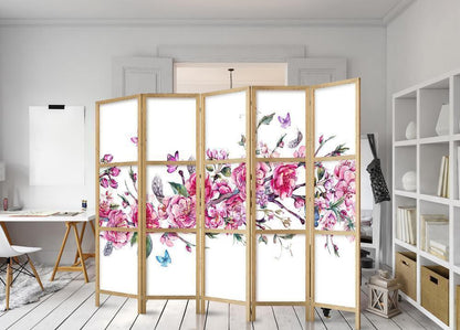 Shoji room Divider - Japanese Room Divider - Style: Flowers and Butterflies II - ArtfulPrivacy