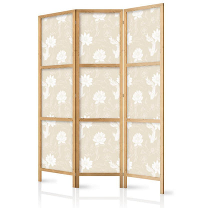 Japanese Room Divider - Fish and Water Lilies - Light Oriental Fish Swimming Among Water Flowers on a Delicate Sand-Beige Background