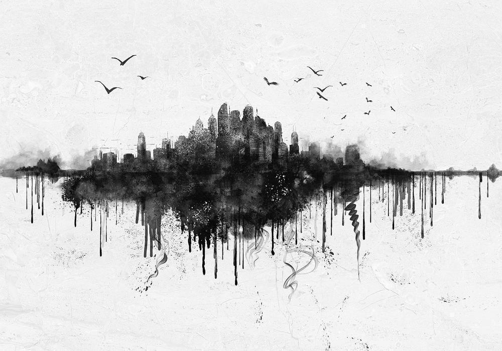 Wall Mural - Big city - abstract city skyline in black watercolour style-Wall Murals-ArtfulPrivacy