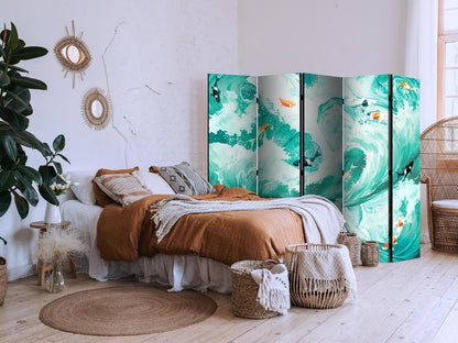 Room Divider - Koi Fish Among Waves - Japanese Fish Amid Waves in Shades of Turquoise And White- A 5 Panel Folding Screen For Living rooms, bedrooms or home office, decorative folding screen made with wood and canvas