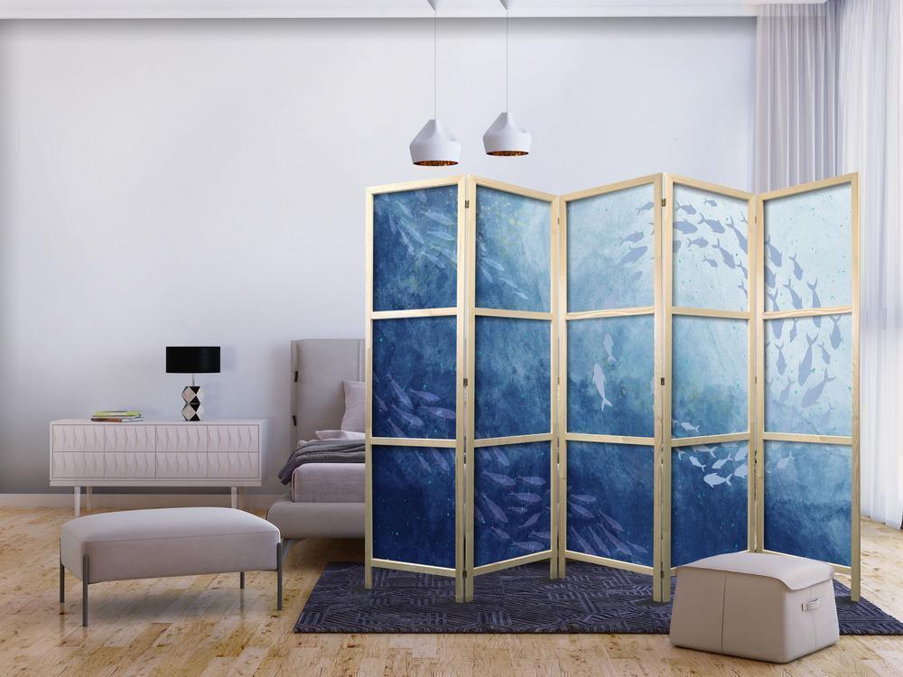 Japanese Room Divider - Schools of Fish - Luminous Clusters of Fish in Blue Among Ocean Depths