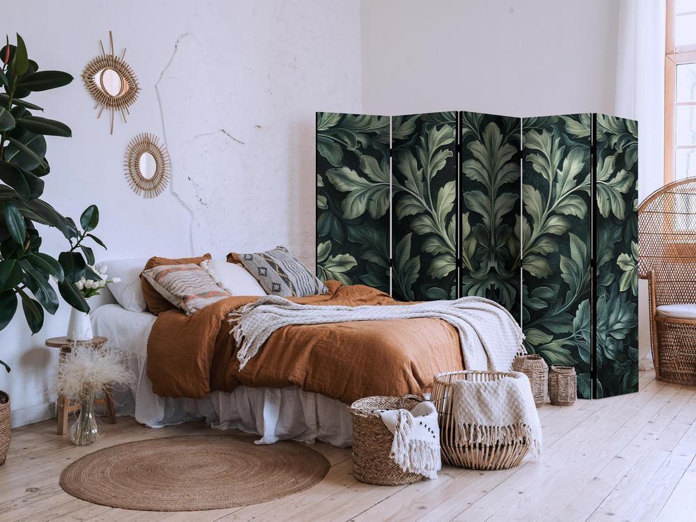 Room Divider - Dark Green Victorian Leaves - Botanical Carved Composition- A 5 Panel Folding Screen For Living rooms, bedrooms or home office, decorative folding screen made with wood and canvas