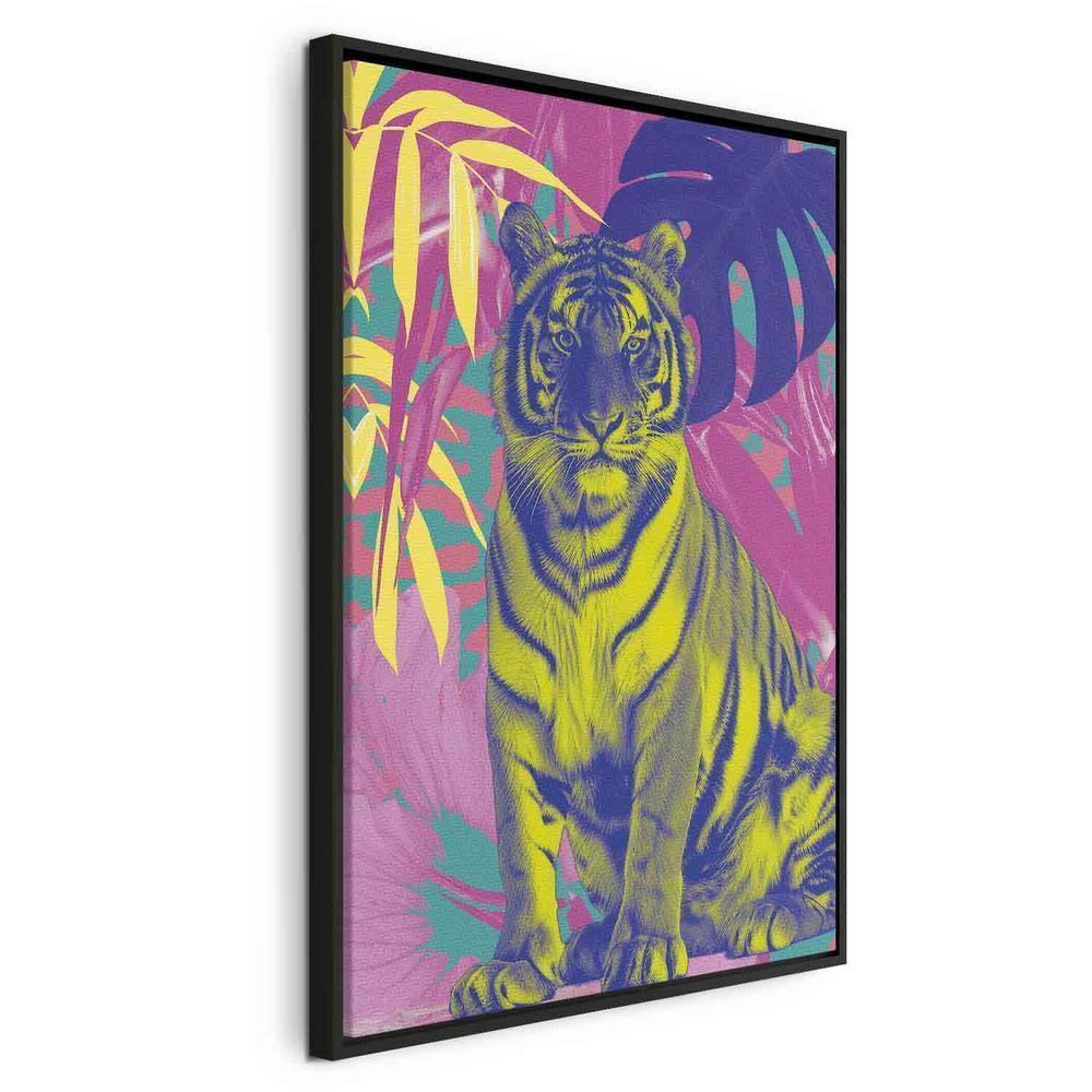 Impression sur toile - Tigre coloré - Couleurs intenses d'un tigre entouré de plantes tropicales