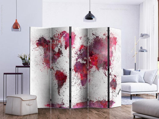 Decorative partition-Room Divider - World Map: Red Watercolors II-Folding Screen Wall Panel by ArtfulPrivacy