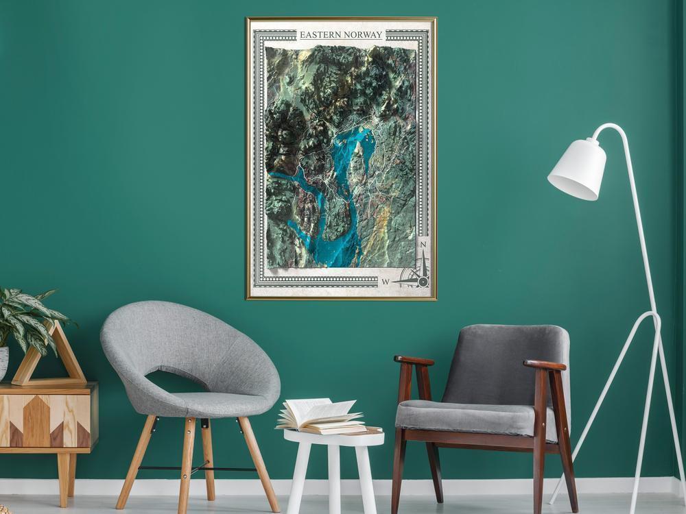 Wall Art Framed - Raised Relief Map: Eastern Norway-artwork for wall with acrylic glass protection