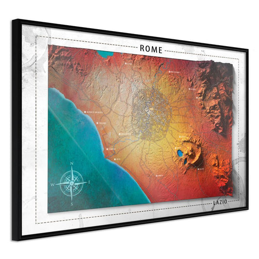Wall Art Framed - Raised Relief Map: Rome-artwork for wall with acrylic glass protection