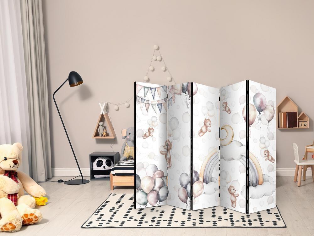 Room Divider - Plush Bears with Balloons - Flying Light-Brown Bears Among Balloons - Clouds - and Rainbows in Subdued - Pastel Hues- A 5 Panel Folding Screen For Living rooms, bedrooms or home office, decorative folding screen made with wood and canvas