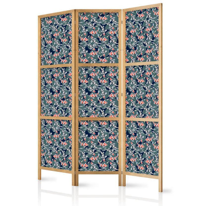 Japanese Room Divider - Fish Among Leaves - Colorful Koi Fish Among Dark Green Water Lily Leaves on a Navy Water Surface