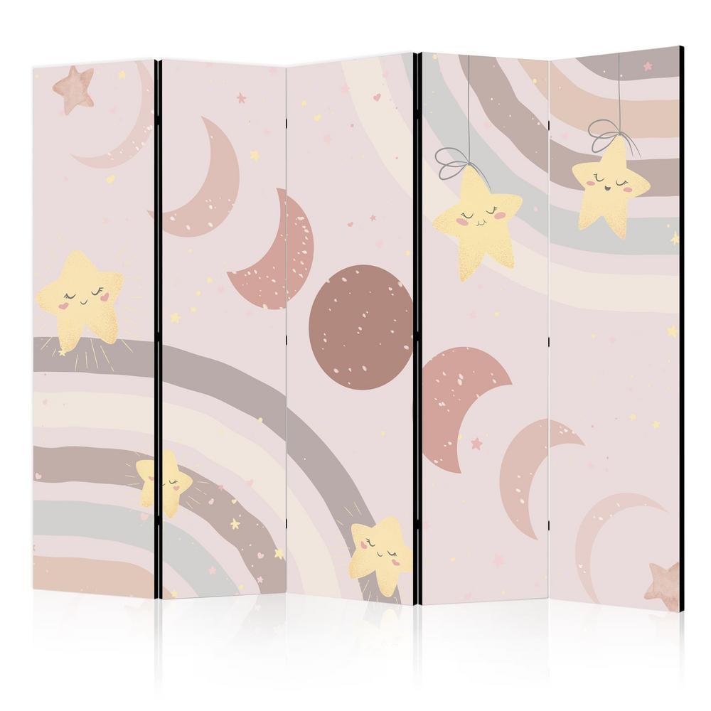 Room Divider - Joyful Sky - Yellow Cheerful Stars with a Rainbow Against the Phases of the Moon - in the Sky Colored Light Beige- A 5 Panel Folding Screen For Living rooms, bedrooms or home office, decorative folding screen made with wood and canvas