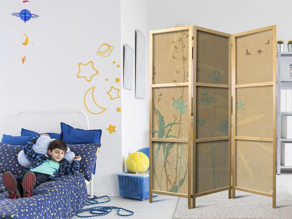 Japanese Room Divider - Tiny Bird - Colorful grasses in golden shades of sunset