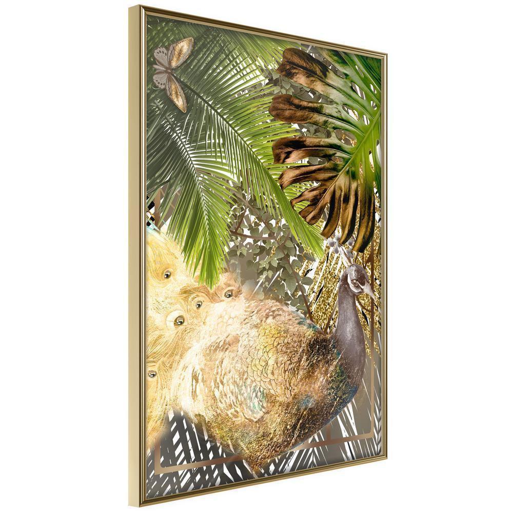 Golden Art Poster - Fairy-Tale Peacock in the Jungle-artwork for wall with acrylic glass protection