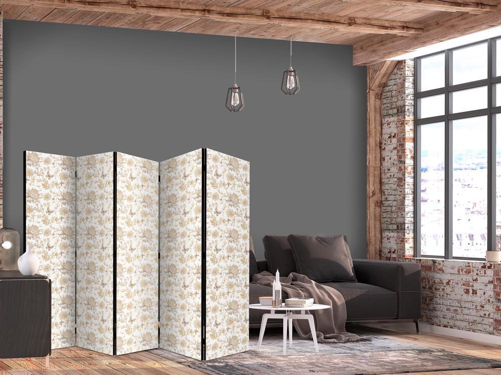 Room Divider - Beige Shades of Nature - Flowers and Butterflies on a White Background - Illustration- A 5 Panel Folding Screen For Living rooms, bedrooms or home office, decorative folding screen made with wood and canvas