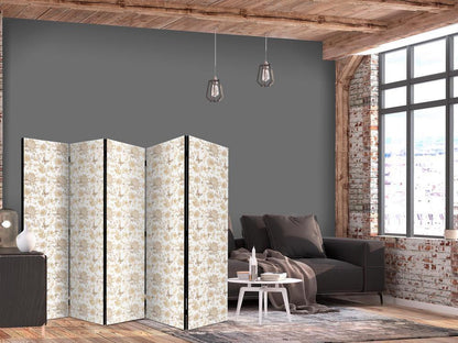 Room Divider - Beige Shades of Nature - Flowers and Butterflies on a White Background - Illustration- A 5 Panel Folding Screen For Living rooms, bedrooms or home office, decorative folding screen made with wood and canvas