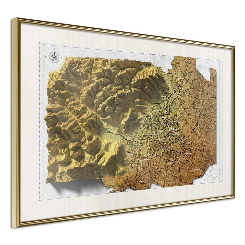 Golden Art Poster - Raised Relief Map: Vienna-artwork for wall with acrylic glass protection