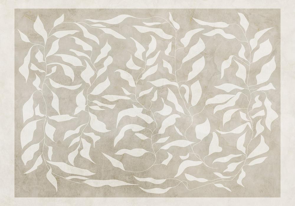 Papier peint - Feuilles blanches - motif végétal abstrait sur fond beige avec cadre