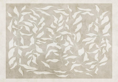 Papier peint - Feuilles blanches - motif végétal abstrait sur fond beige avec cadre