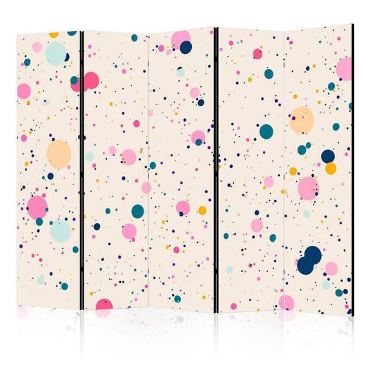 Room Divider - Dots - Spots and Splashes Multicolored - Cheerful Pattern on a Light Pink Background- A 5 Panel Folding Screen For Living rooms, bedrooms or home office, decorative folding screen made with wood and canvas