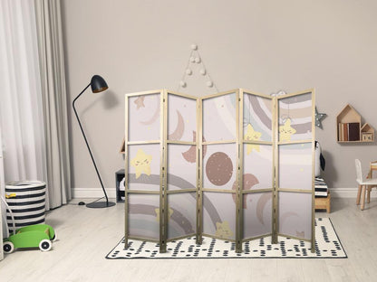 Japanese Room Divider - Joyful Sky - Yellow cheerful stars with a rainbow against the moon phases - in the sky colored light beige