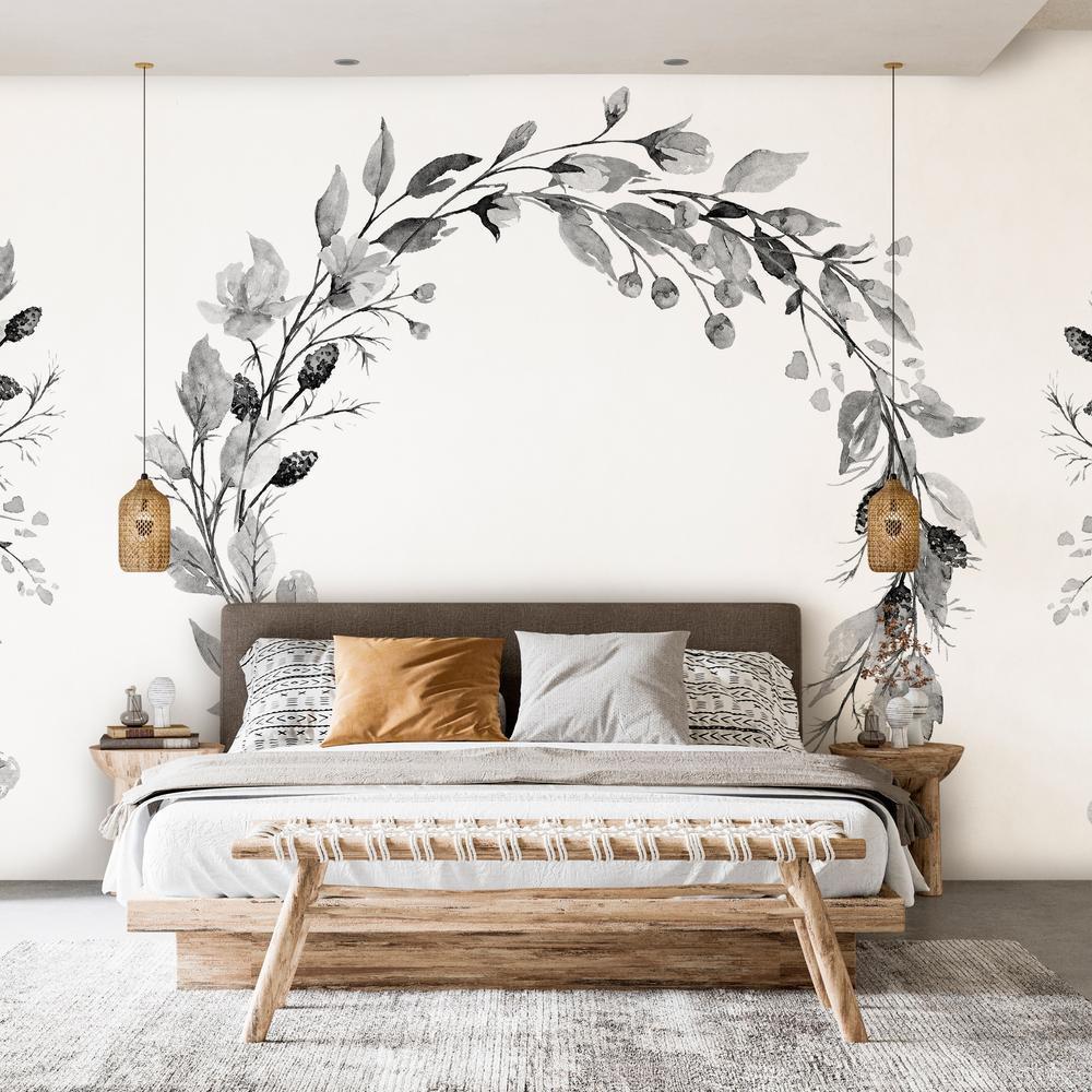 Wall Mural - Romantic wreath - grey plant motif with leaves with rose pattern-Wall Murals-ArtfulPrivacy