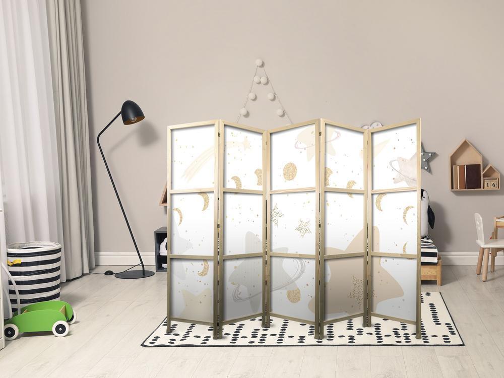 Japanese Room Divider - Fairy-Tale Galaxy - Moon phases in shades of yellow among stars in beige and ash colors with stardust