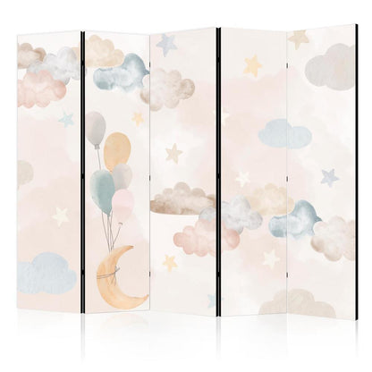 Room Divider - Fairy-Tale Moon - Moon with Balloons Among Clouds and Stars in Subdued Colors on a Light Beige Background- A 5 Panel Folding Screen For Living rooms, bedrooms or home office, decorative folding screen made with wood and canvas