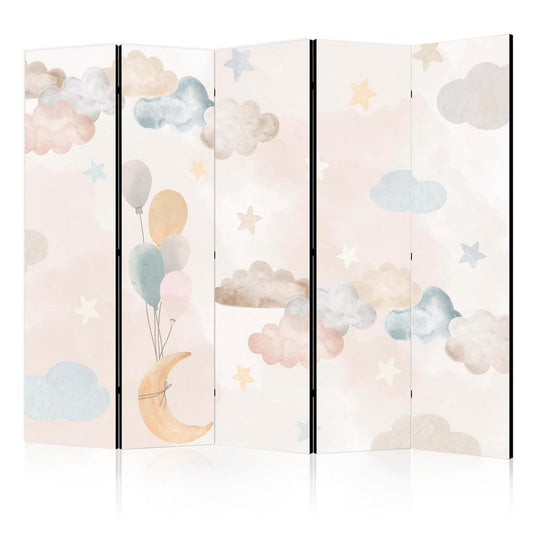 Room Divider - Fairy-Tale Moon - Moon with Balloons Among Clouds and Stars in Subdued Colors on a Light Beige Background- A 5 Panel Folding Screen For Living rooms, bedrooms or home office, decorative folding screen made with wood and canvas