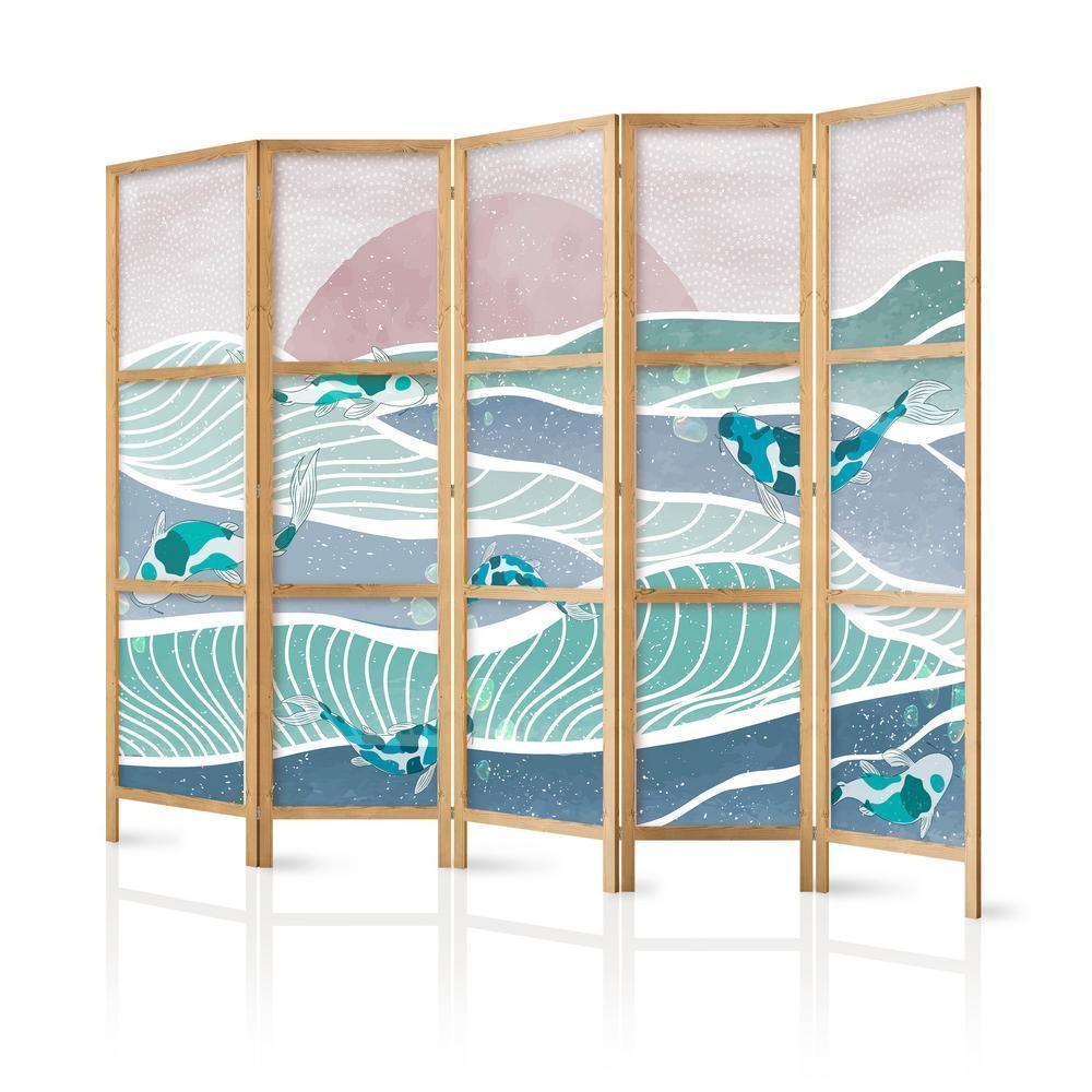 Japanese Room Divider - Koi Fish Among Waves - Japanese Fish Among Waves in Shades of Turquoise and White